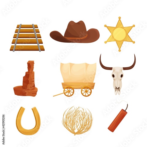 Wild west, western collection in cartoon style isolated on white background. Retro wagon, scull, cowboy hat, sheriff star, Arizona dessert stone. 