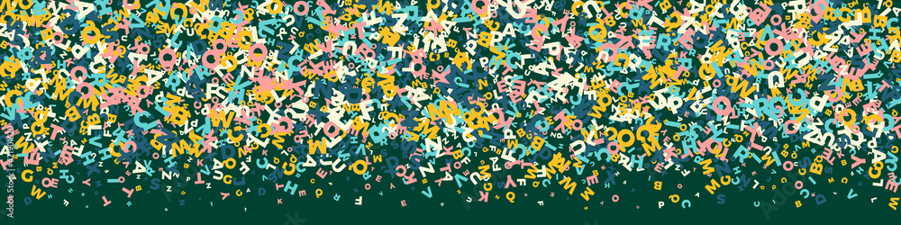 Falling letters of English language. Light flying words of Latin alphabet. Foreign languages study concept. Sightly back to school banner on blackboard background. Falling letters of English language. Light flying words of Latin alphabet. Foreign languages study concept. Sightly back to school banner on blackboard background.
