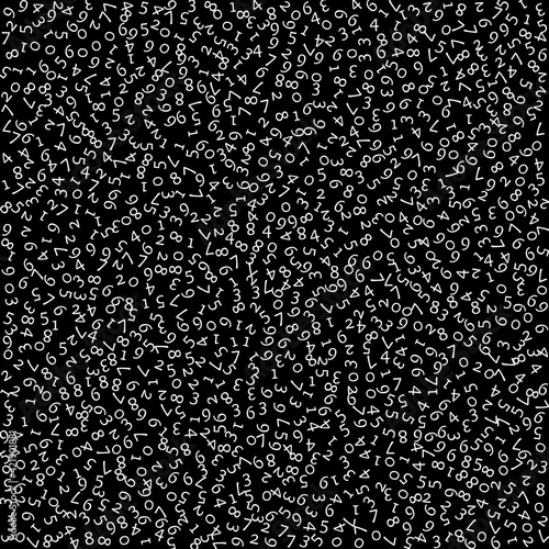 Falling numbers, big data concept. Binary white random flying digits. Unique futuristic banner on black background. Digital vector illustration with falling numbers.