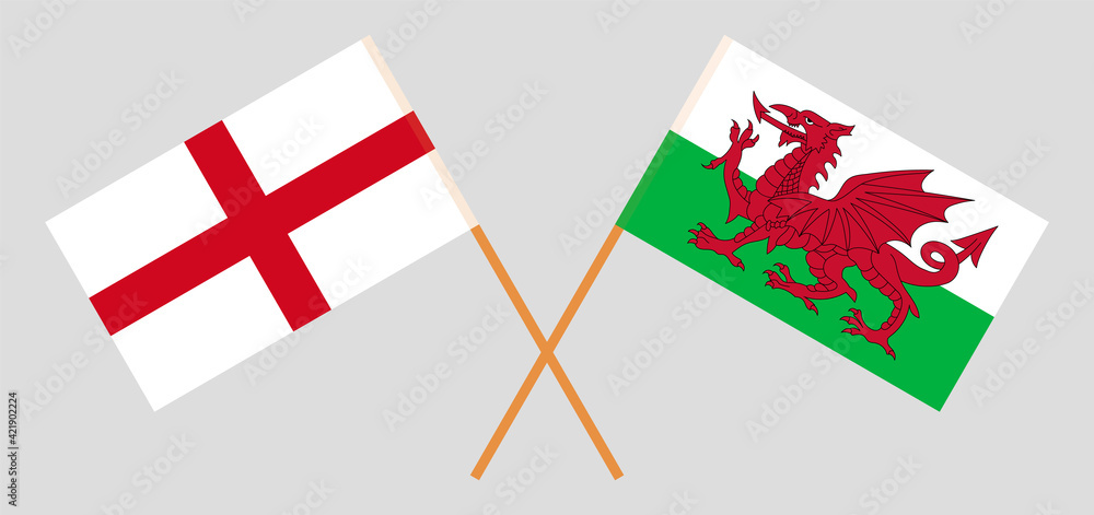 Crossed flags of England and Wales. Official colors. Correct proportion