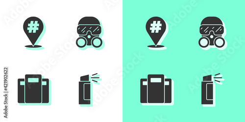 Set Pepper spray, Protest, Police assault shield and Gas mask icon. Vector