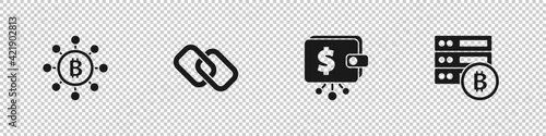 Set Blockchain technology Bitcoin, Chain link, Cryptocurrency wallet and Server bitcoin icon. Vector