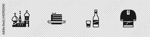 Set Saint Basil's Cathedral, Medovik, Bottle of vodka with glass and Kosovorotka icon. Vector