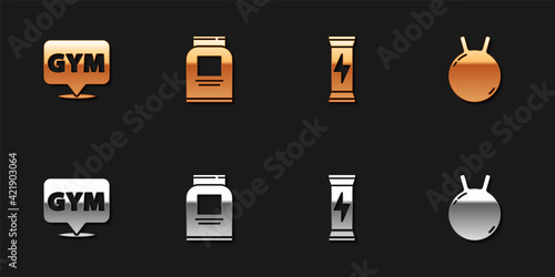 Set Location gym, Sports nutrition, and Kettlebell icon. Vector