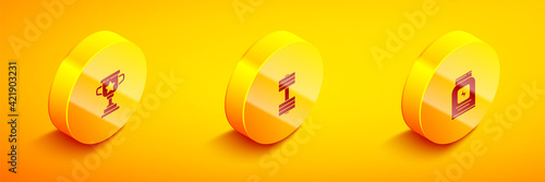Set Isometric Award cup, Dumbbell and Sports nutrition icon. Vector