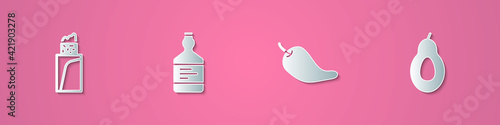 Set paper cut Burrito, Tequila bottle, Hot chili pepper pod and Avocado icon. Paper art style. Vector