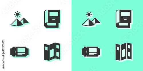 Set Museum guide brochure, Egypt pyramids, ticket and History book icon. Vector