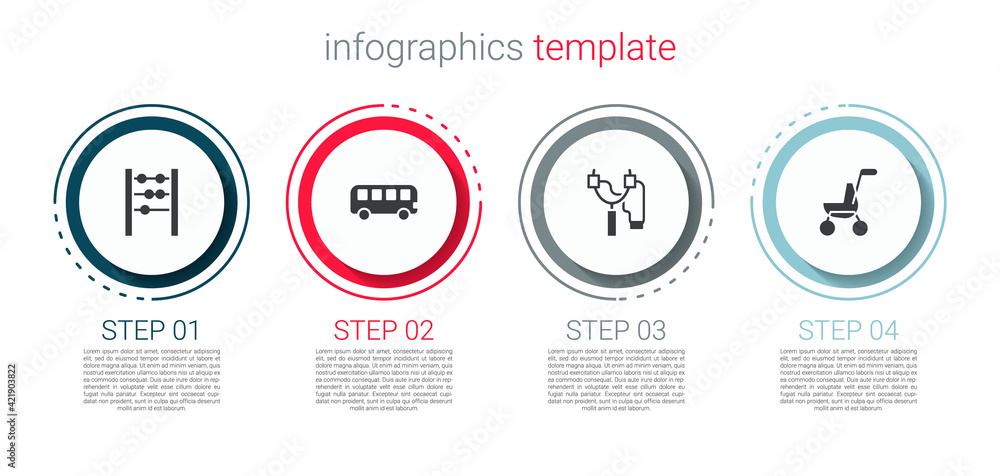 Set Abacus, Bus toy, Slingshot and Baby stroller. Business infographic template. Vector Set Abacus, Bus toy, Slingshot and Baby stroller. Business infographic template. Vector