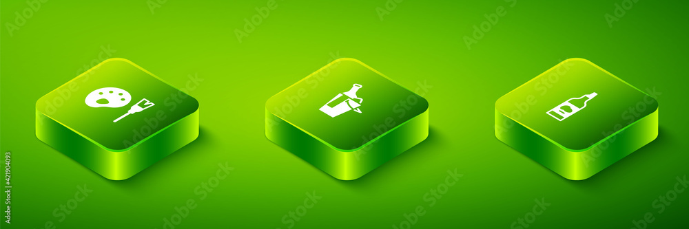 Set Isometric Bottle of wine in bucket, olive oil and Paint brush with palette icon. Vector Set Isometric Bottle of wine in bucket, olive oil and Paint brush with palette icon. Vector