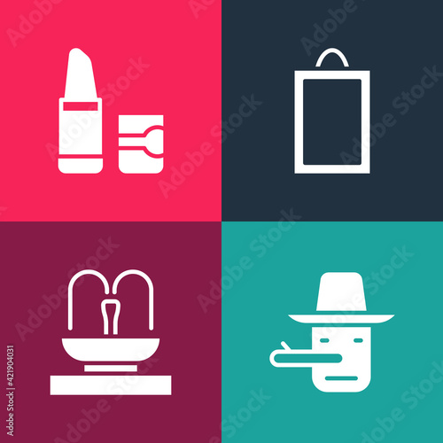 Set pop art Pinocchio, Fountain, Picture and Lipstick icon. Vector