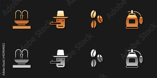Set Fountain, Pinocchio, Coffee beans and Perfume icon. Vector