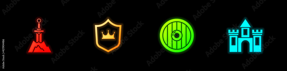 Set Sword in the stone, Shield with crown, Round wooden shield and Castle, fortress icon. Vector Set Sword in the stone, Shield with crown, Round wooden shield and Castle, fortress icon. Vector