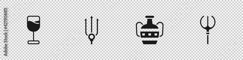 Set Wine glass, Neptune Trident, Ancient amphorae and icon. Vector