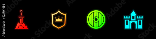 Set Sword in the stone, Shield with crown, Round wooden shield and Castle, fortress icon. Vector