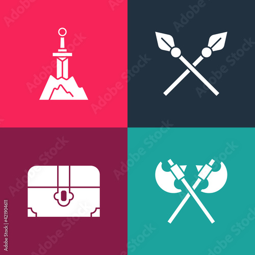Set pop art Crossed medieval axes, Antique treasure chest, spears and Sword in the stone icon. Vector