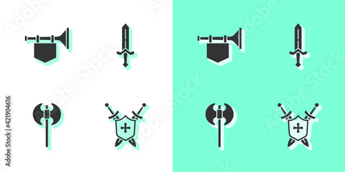 Set Medieval shield with swords, Trumpet flag, axe and icon. Vector