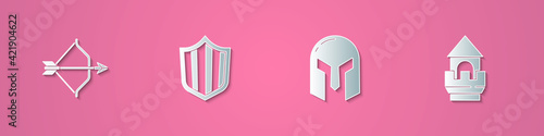 Set paper cut Medieval bow and arrow, Shield, iron helmet and Castle tower icon. Paper art style. Vector