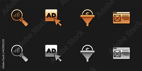 Set Magnifying glass and analysis, Advertising, Lead management and Browser window icon. Vector