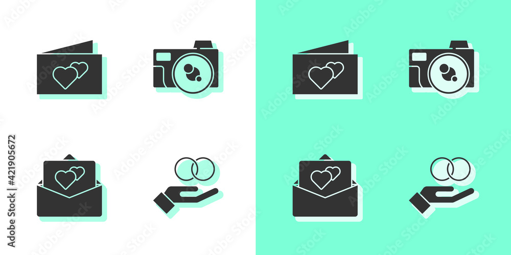 Set Wedding rings, Greeting card, and Photo camera icon. Vector Set Wedding rings, Greeting card, and Photo camera icon. Vector