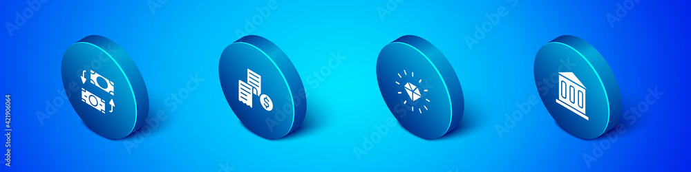 Set Isometric Money exchange, Diamond, Bank building and Paper or financial check icon. Vector Set Isometric Money exchange, Diamond, Bank building and Paper or financial check icon. Vector