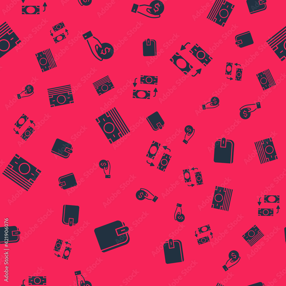 Set Wallet, Hand giving money, Stacks paper cash and Money exchange on seamless pattern. Vector Set Wallet, Hand giving money, Stacks paper cash and Money exchange on seamless pattern. Vector