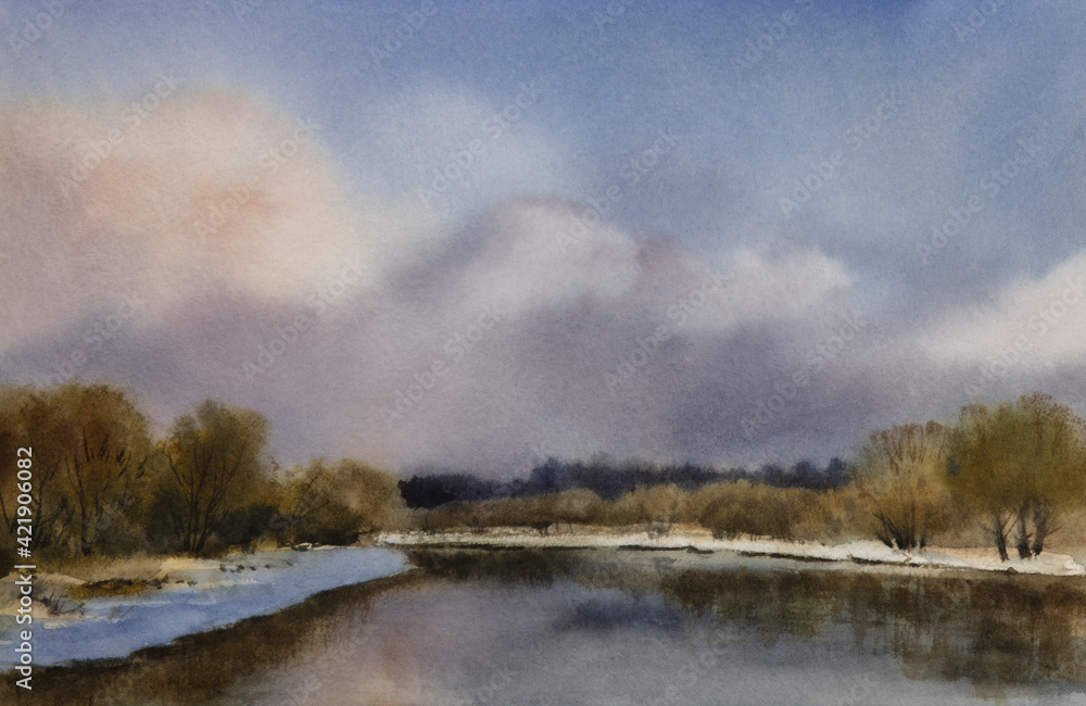 Watercolor landscape with river, clouds and trees, early spring. The clouds are reflected in the river. Watercolor landscape with river, clouds and trees, early spring. The clouds are reflected in the river.