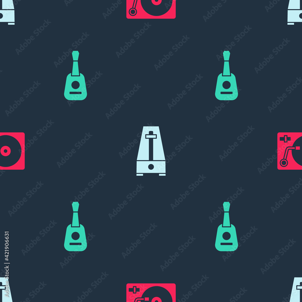 Set Vinyl player with vinyl disk, Metronome pendulum and Guitar on seamless pattern. Vector Set Vinyl player with vinyl disk, Metronome pendulum and Guitar on seamless pattern. Vector
