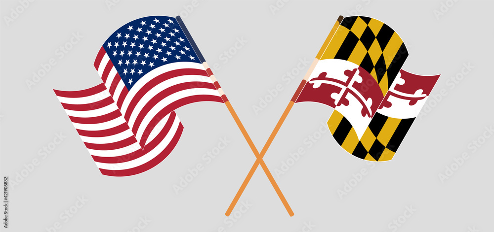 Crossed and waving flags of the USA and the State of Maryland Crossed and waving flags of the USA and the State of Maryland
