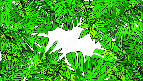 Fototapeta Naklejka Na Ścianę i Meble -  An array of greenery, natural looking plants for tropical, nature display. Hand drawn illustration of multiple green leaves on dark background for social media, aesthetic. 