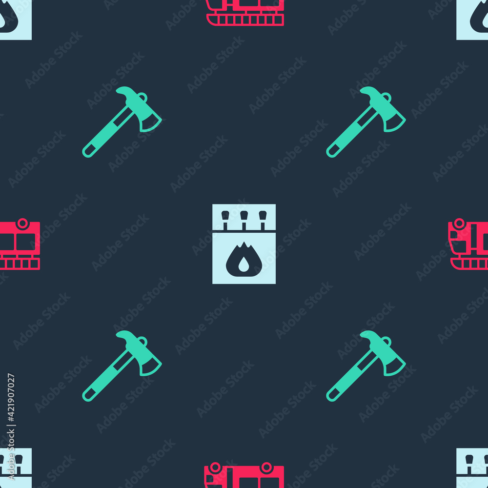 Set Fire truck, Matchbox and matches and Firefighter axe on seamless pattern. Vector Set Fire truck, Matchbox and matches and Firefighter axe on seamless pattern. Vector
