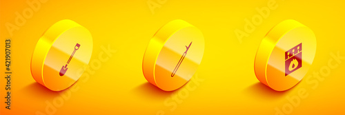 Set Isometric Fire shovel, Metal pike pole and Matchbox and matches icon. Vector