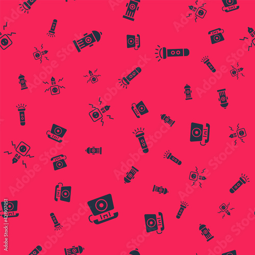Set Telephone call 911, Fire hydrant, Electricity spark and Flashlight on seamless pattern. Vector