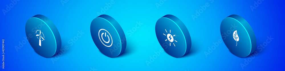 Set Isometric Wind turbine, Solar energy panel, Leaf or leaves and Power button icon. Vector Set Isometric Wind turbine, Solar energy panel, Leaf or leaves and Power button icon. Vector