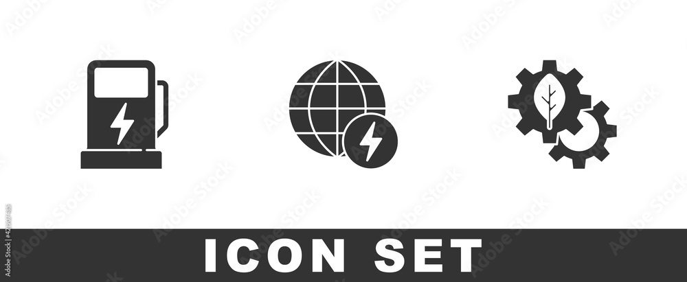 Set Electric car charging station, Global energy power planet and Leaf plant gear machine icon. Vector Set Electric car charging station, Global energy power planet and Leaf plant gear machine icon. Vector