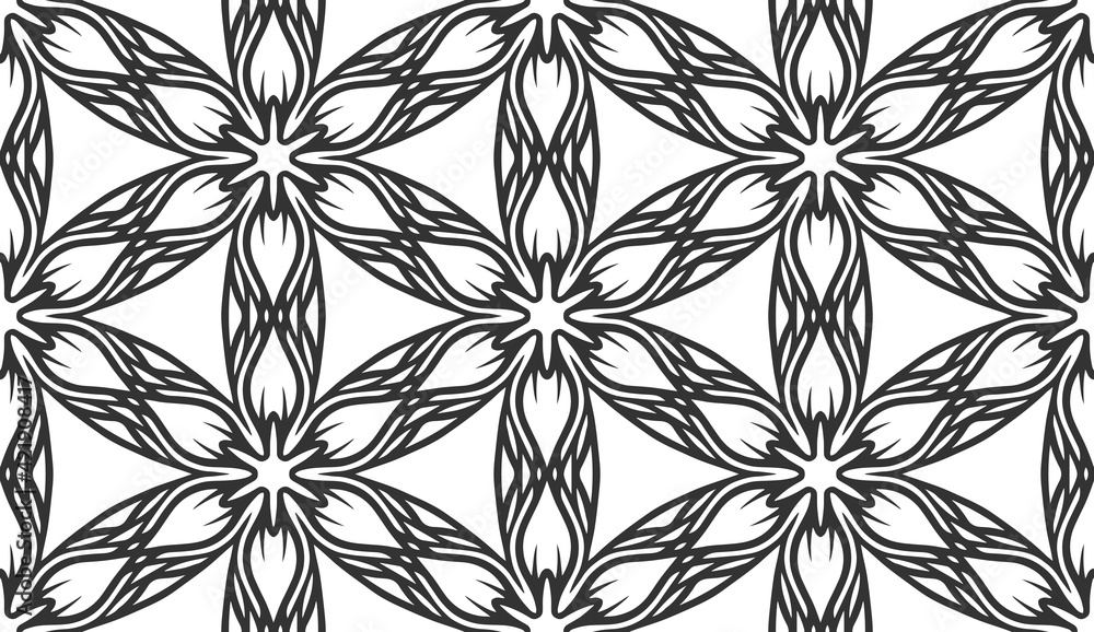 Fototapeta premium Seamless monochrome foliage pattern. Vintage black flower fabric background. Decorative flat geometric retro design. Regular floral elegant petals backdrop. Botanical stylish wrapping paper ornament