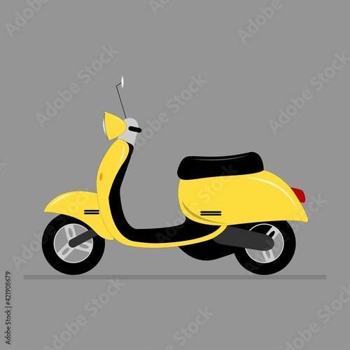 Yellow retro scooter on a gray background. Classic motor scooter, side view. Vector illustration.