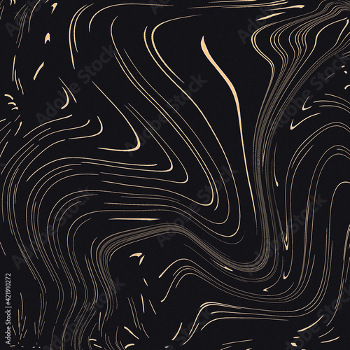 Liquid dynamic gradient waves. Digital blurred background with black and gold colors shades in dynamic composition. Fluid texture. 