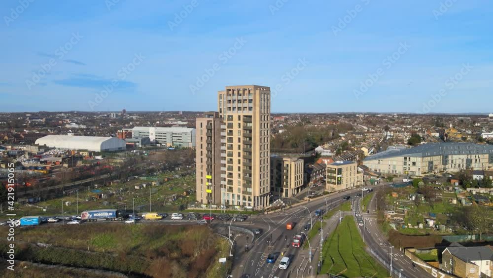 HIGH ANGLE FLY OVER EAST LONDON BUSY TRAFFIC JAM, LEYTONE HIGH ANGLE FLY OVER EAST LONDON BUSY TRAFFIC JAM, LEYTONE