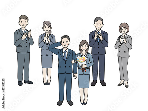 社内結婚　寿退社　カップル　拍手　祝う　会社員　スーツ姿　男女　全身　イラスト素材