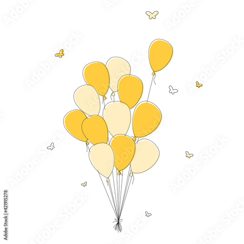 Large bunch of yellow balloons with little butterflies in doodle style isolated on a white background.