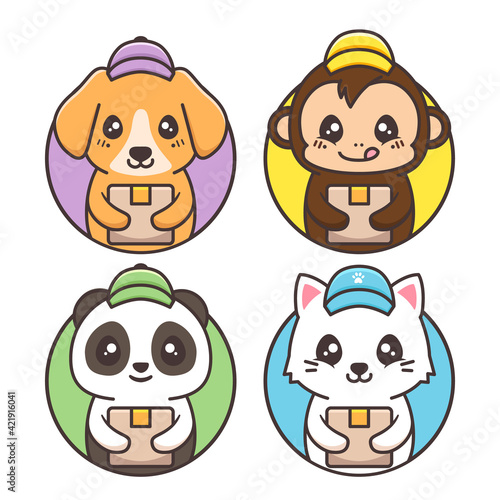 group of cute animal courier with hat