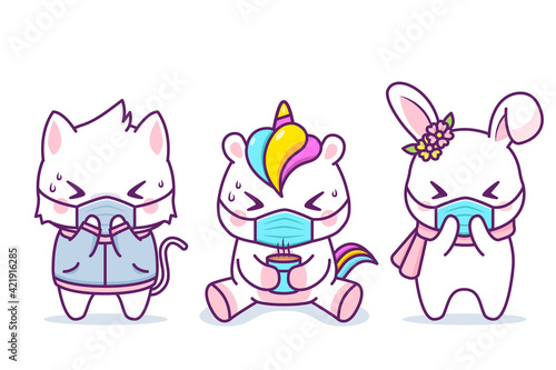 cute group animal getting sick with medical mask