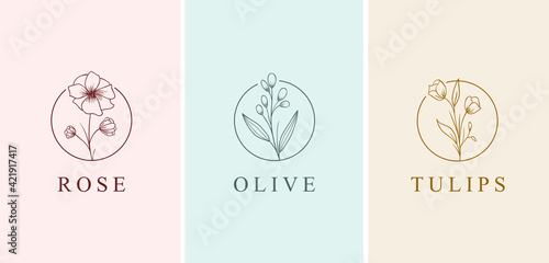 Beautiful flower hand drawn style logo collection set