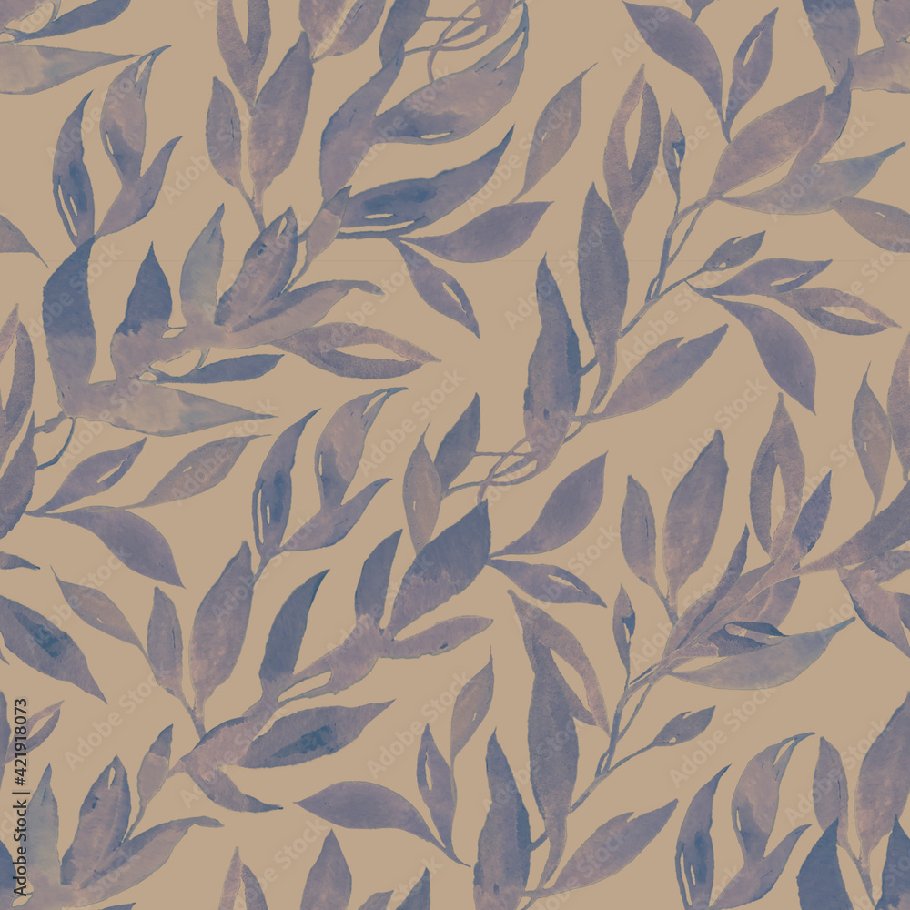 Fototapeta premium Hand painted watercolor seamless pattern. Blue branches and leaves on craft brown surface. Design for clothes, tablecloth, interior textile, wedding print, postcard, invitation, wrapping paper 