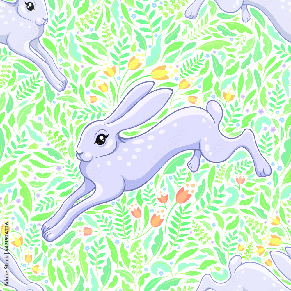 Obraz premium Vector Floral Rabbits Seamless Pattern