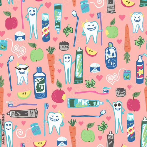 Whimsical dental health seamless vector repeat pattern with happy smiling teeth tooth characters holding toothbrushes and toothpaste, surrounded by hearts, mouth rinse, floss on a pink ground