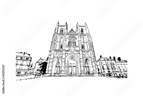 Building view with landmark of Nantes is the 
city in France. Hand drawn sketch illustration in vector.