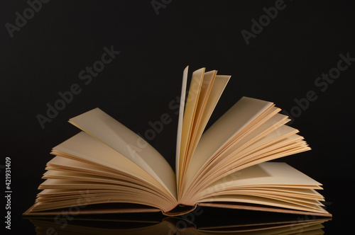 A close up of the book opened over black background.