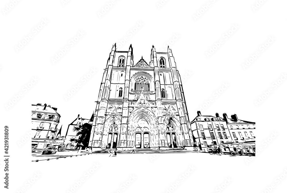 Building view with landmark of Nantes is the
city in France. Hand drawn sketch illustration in vector.