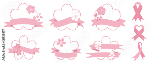 Spring tag illustrations decoration with Cherry blossoms. Set of Cherry blossom ribbon tags for web, banner, AD and event design. Vector illustration.　桜タグイラスト、ピンクリボンイラスト、桜デザインタグデザインセット